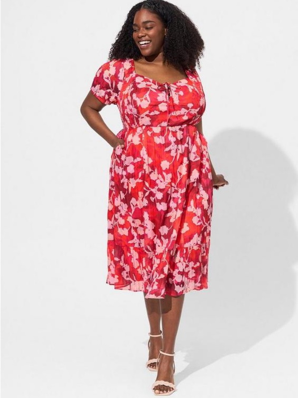 Torrid Red Pink Floral Chiffon Midi Dress Puff Sleeve Smocked Plus Size 3 3X